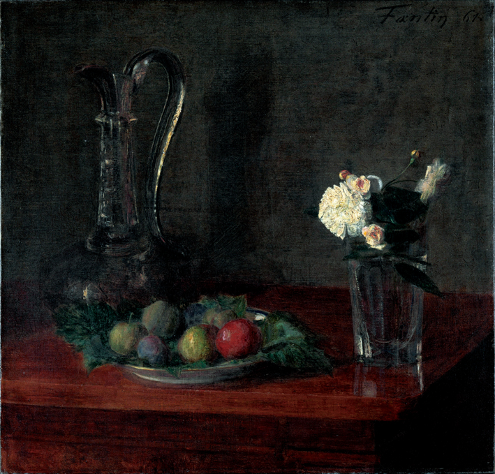  方丹·拉图尔 Fantin-Latour 静物与玻璃壶，水果和花 Still Life with Glass Jug, Fruit and Flowers